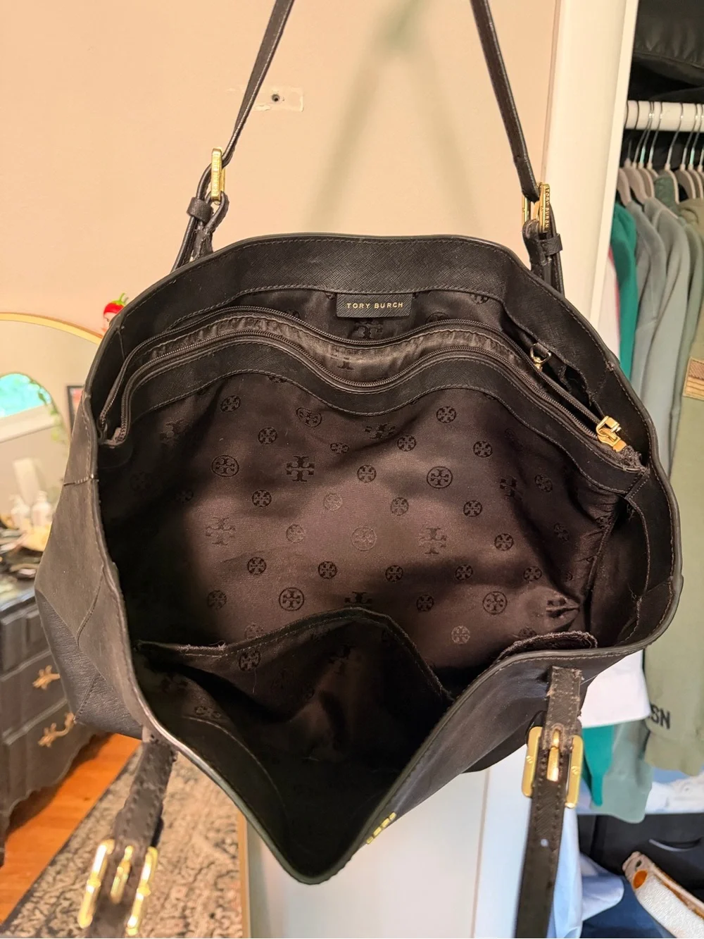 USED Tory Burch Black Leather Shoulder Bag with Gold Hardware